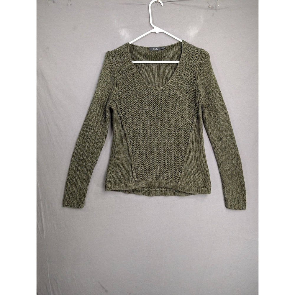 RDI Womens Olive Green V-Neck Chunky Knit Sweater 68S1114N Medium
